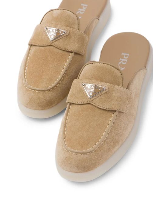 Prada White Logo-Plaque Suede Mules