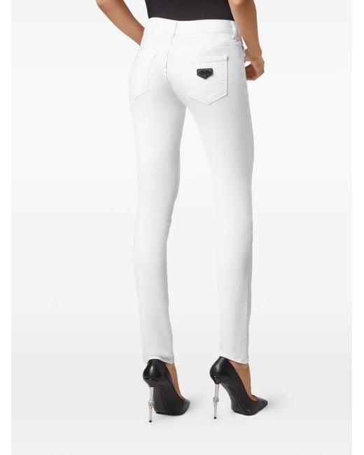 Philipp Plein White Logo-Plaque Slim-Fit Denim Jeans