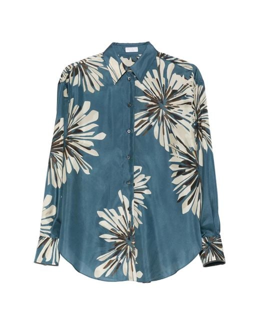 Brunello Cucinelli Blue Printed Silk Shirt