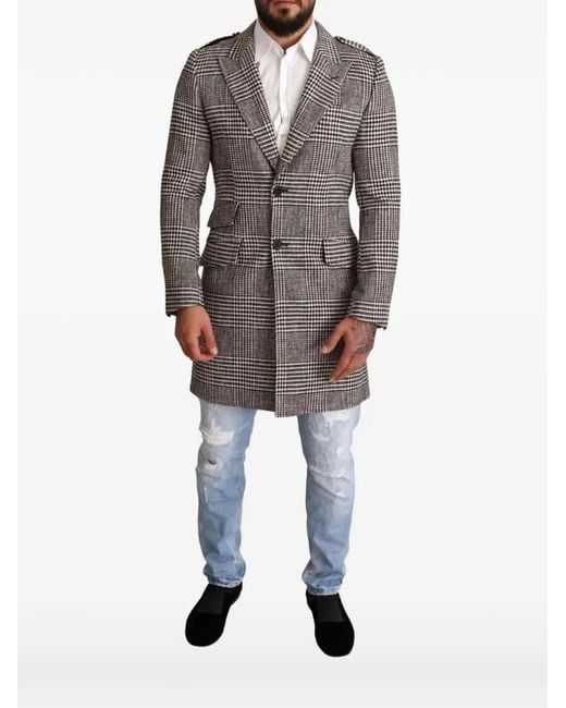 Dolce & Gabbana Gray Plaid-Pattern Single-Breasted Coat for men