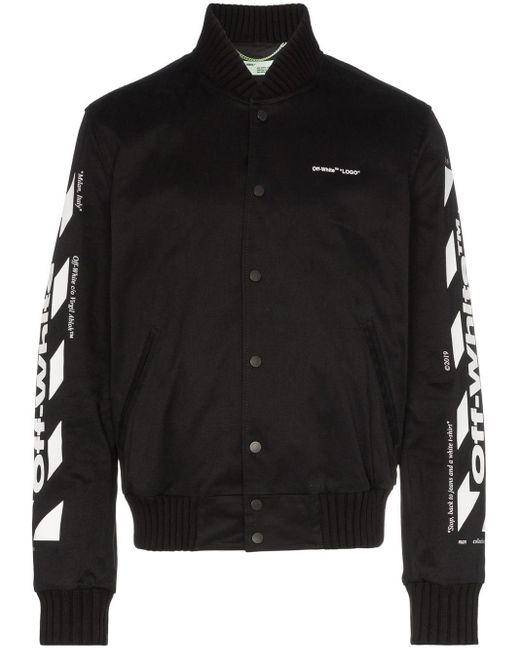 Off-White c/o Virgil Abloh Black Striped Sleeve Logo Print Bomber Jacket for men