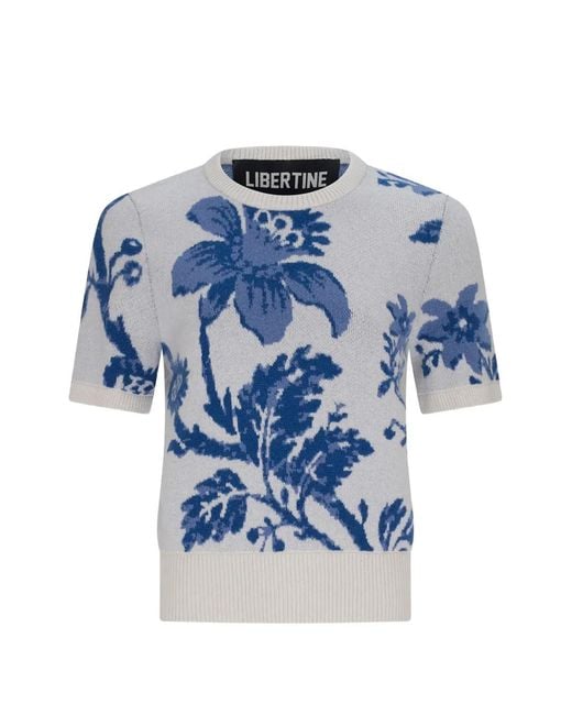 Libertine Blue Floral-Intarsia Short-Sleeve Sweater