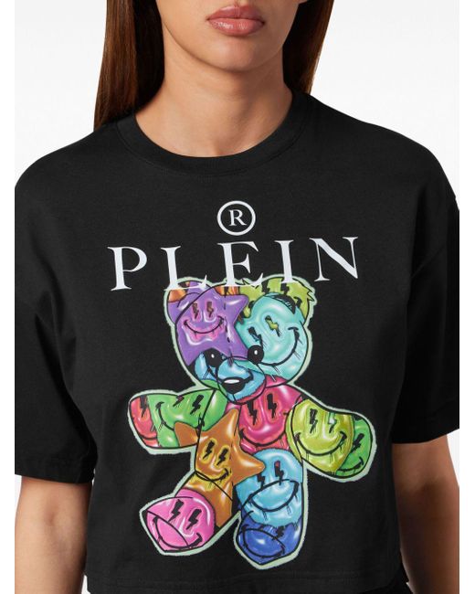 Philipp Plein Black Cropped-T-Shirt mit rundem Ausschnitt