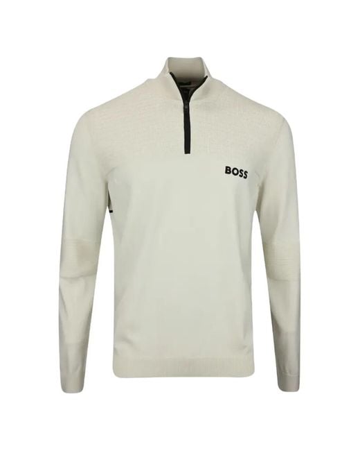 BOSS GREEN HUGO BOSS White Textured Zip Sweater for men