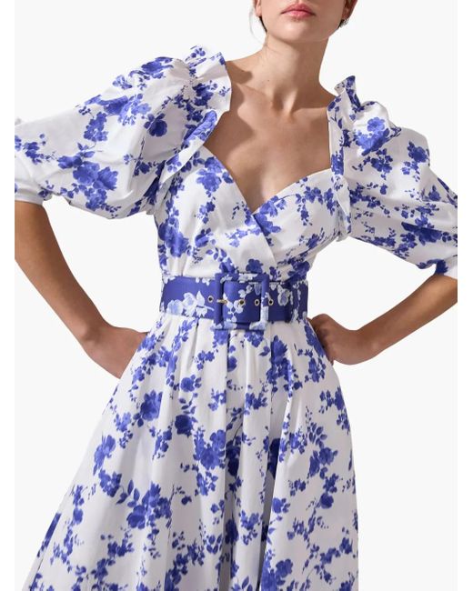 Carolina Herrera Blue Floral-Print Balloon-Sleeve Midi Dress