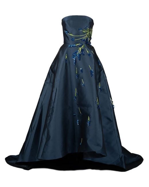 Monique Lhuillier Blue Floral-Embroidered Gown