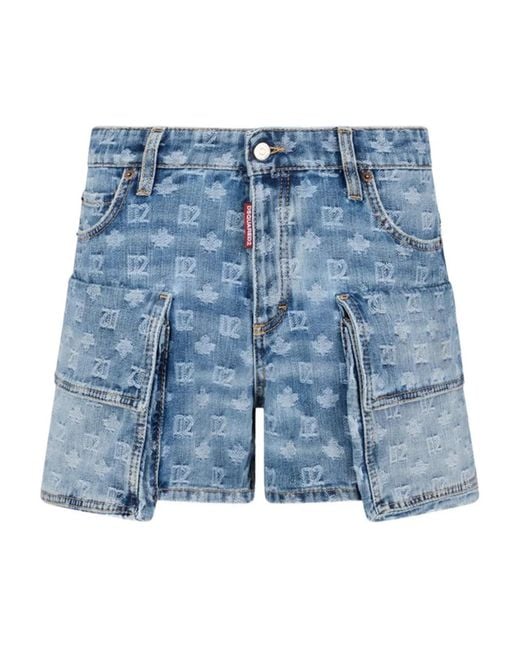 DSquared² Women's Blue Logo-Embellishment Cargo-Pockets Denim Shorts