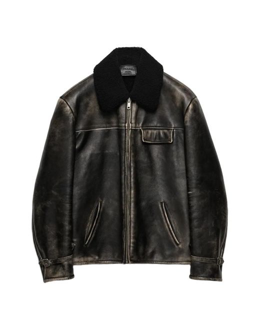 Prada Black Shearling-Trimmed Leather Jacket for men