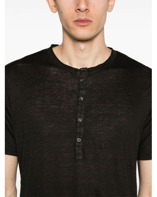 120% Lino Black Buttoned Linen T-shirt for men