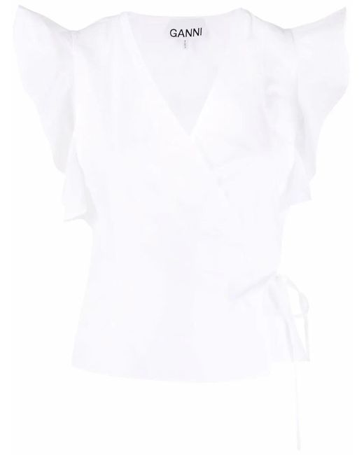 Ganni White Ruffled-Sleeve Wrap Top