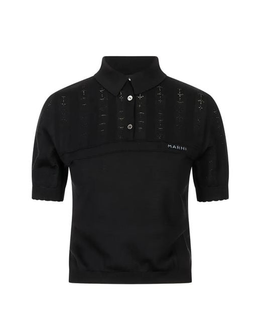 Marni Black Pointelle-Knit Polo Shirt