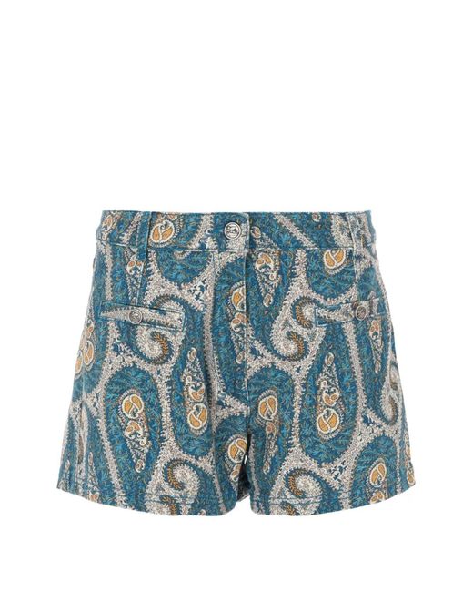 Etro Blue Stretch Cotton Denim Shorts With All-Over Paisley Print