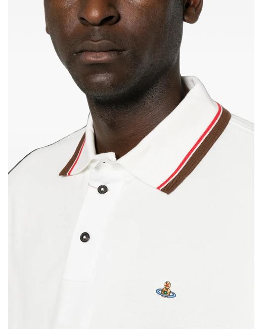 Vivienne Westwood White Orb-Embroidered Tipped Polo Shirt for men