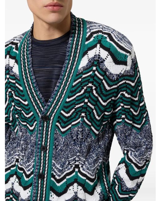 Missoni Green Zigzag-Knit V-Neck Cardigan for men