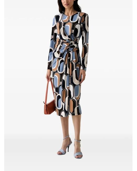 Joseph Ribkoff White Geometric-Print Ruched Midi Dress