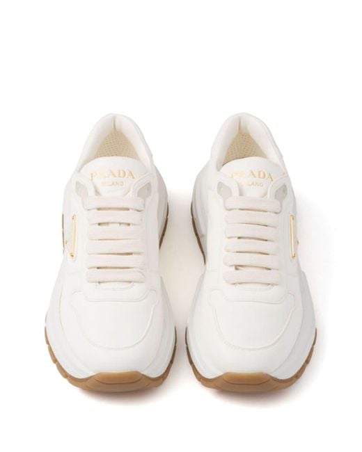 Prada White Triangle-logo Leather Sneakers