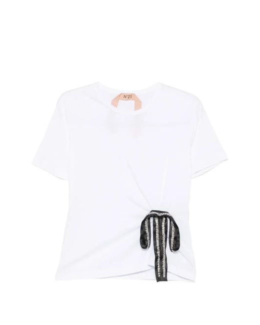 N°21 White Bow-Detail Crystal-Embellished T-Shirt