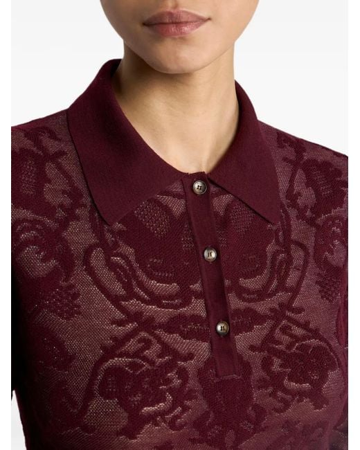 Etro Red Long-Sleeved Wool Jacquard Polo Shirt With Placed Motif