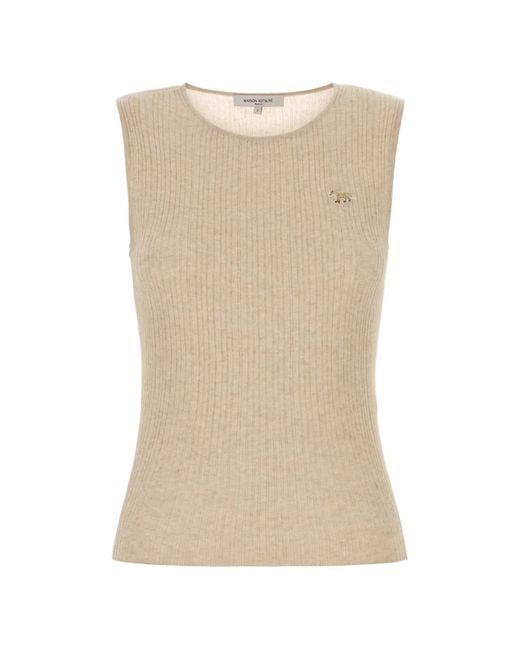 Maison Kitsuné Natural Ribbed-Knit Patch Top