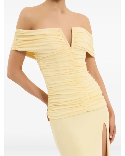 Rebecca Vallance Zaley Off-Shoulder Maxi-Jurk Met Split in het Metallic