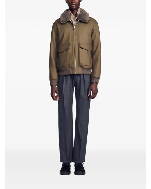 Sandro Brown Shearling-Collar Zip-Up Bomber Jacket for men