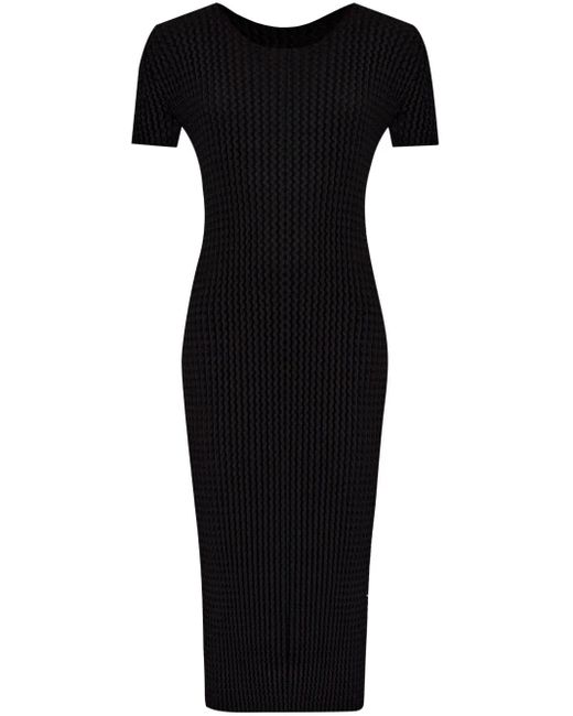 Issey Miyake Black Seersucker Short-Sleeve Midi Dress