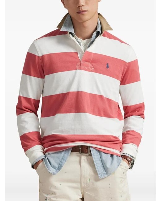 Polo Ralph Lauren Striped Long-Sleeve Rugby Polo Shirt in Red for Men ...