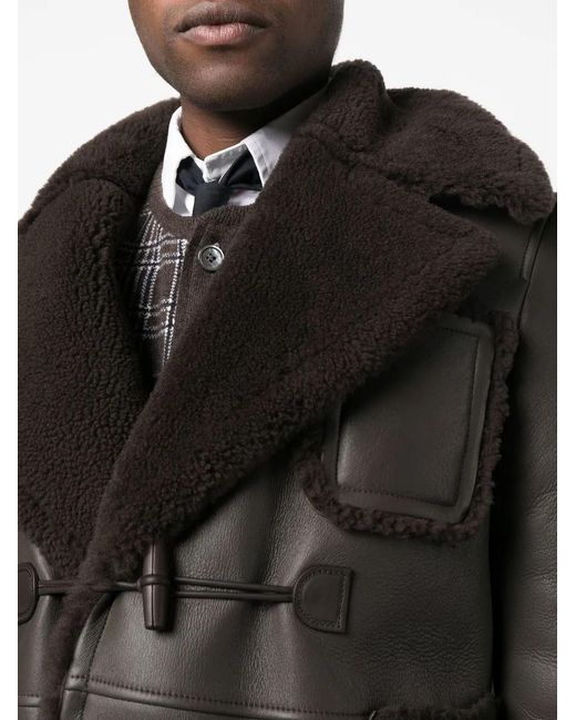 Thom Browne Black Shearling-Collar Double-Breasted Coat for men
