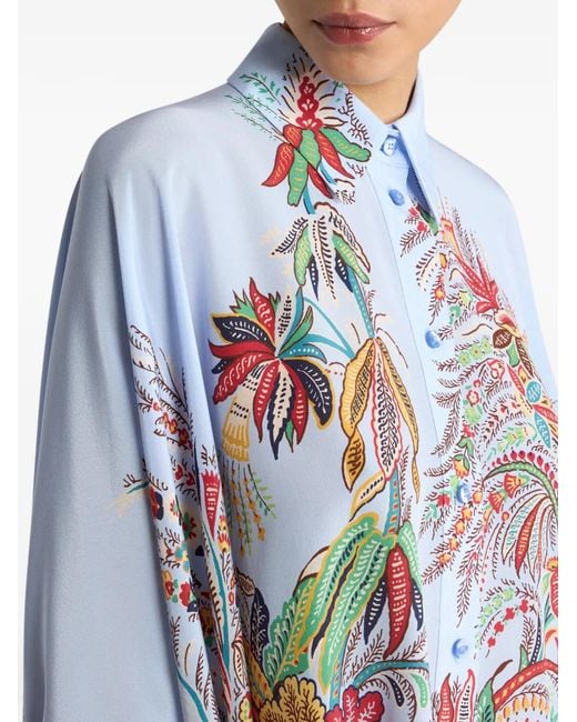 Etro Blue Paisley-Print Hanky-Hem Silk Shirt
