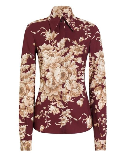 Dolce & Gabbana Red Rose-Print Charmeuse Shirt