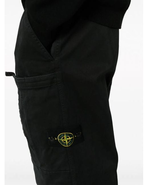 Stone Island Black Elasticated Band Loose Cargo Trousers In Broken Twill Cotton for men