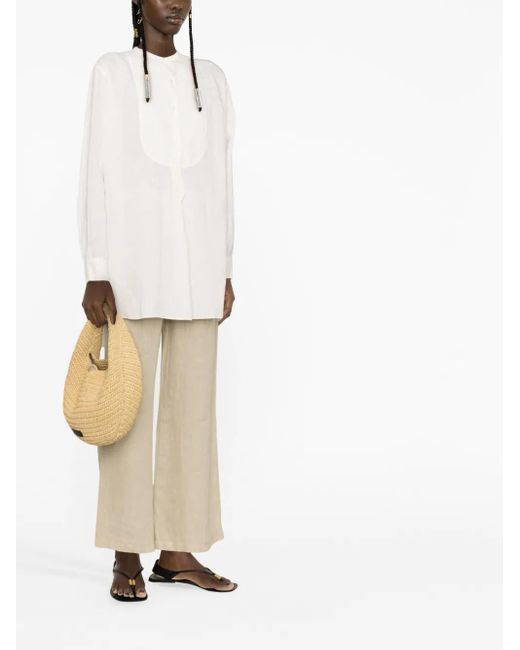 Aspesi White Collarless Linen Bib Shirt