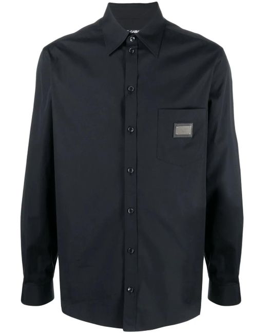 Dolce & Gabbana Blue Logo-Plaque Cotton-Poplin Shirt for men
