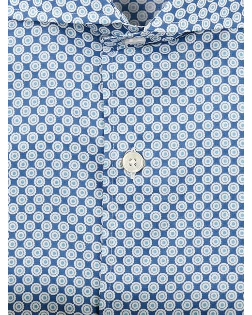Fedeli Blue Geometric-Print Button-Up Shirt for men