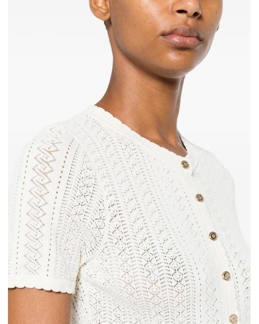 Sandro White Cardigan En Maille Pointelle À Volants