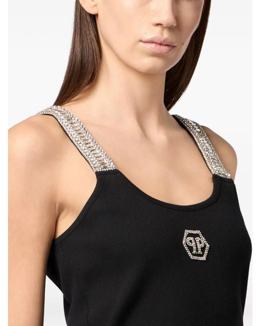 Philipp Plein Black Rib Tank Top Strass Hexagon