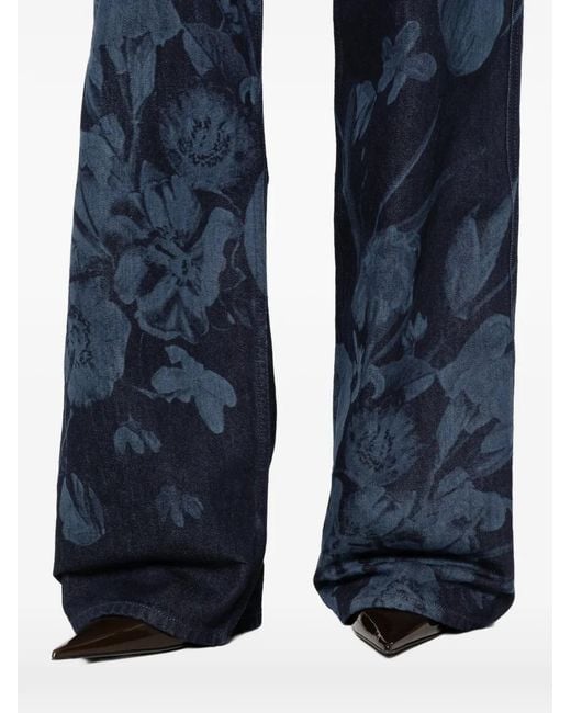 Erdem Blue Floral-Print Straight-Leg Jeans