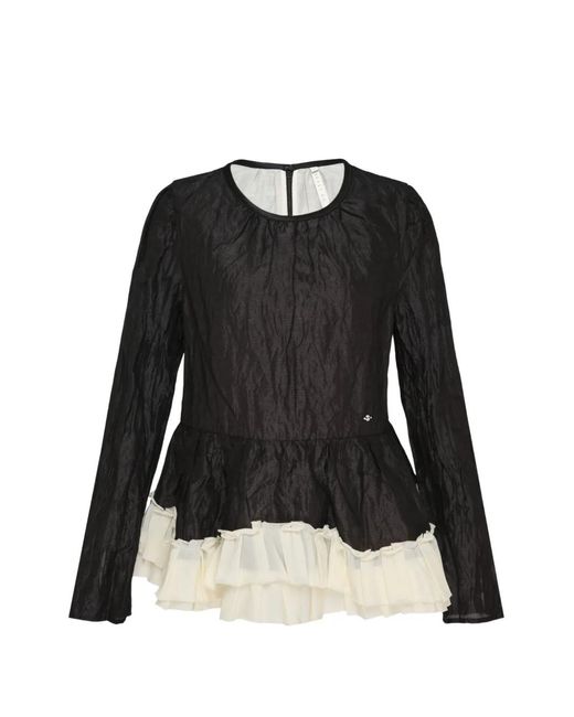 Renli Su Black Crinkled-Finish Ruffled Blouse