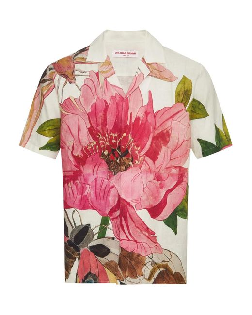 Orlebar Brown Pink Relaxed Fit Linen Capri Collar Paeonia Print Shirt for men