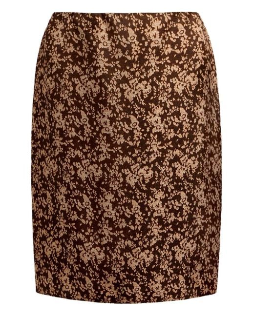 12 STOREEZ Brown Floral-Pattern Silk Midi Skirt