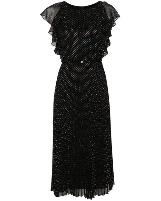 Nissa Black Polka Dot Pleated Midi Dress