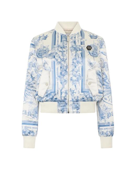 Philipp Plein Blue Satin Bomber Jacket Butterfly Tattoo