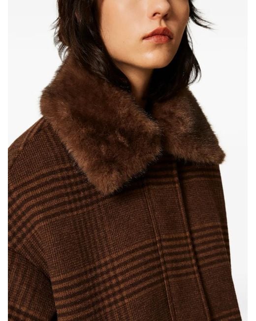 Twinset Brown Wool Cloth Check Caban Coat With Faux Fur