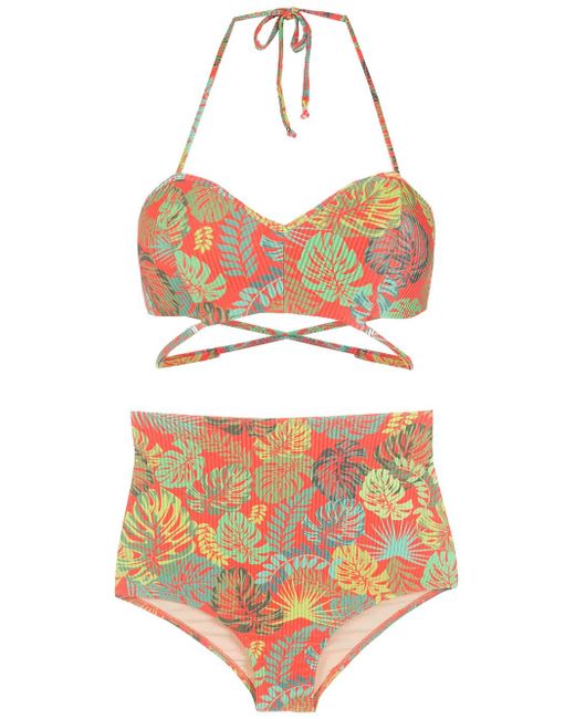 Amir Slama Red Palm Leaf Print High-Rise Bikini