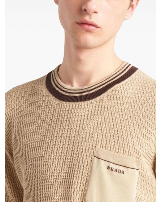 Prada Natural Embroidered-logo Knitted T-shirt for men