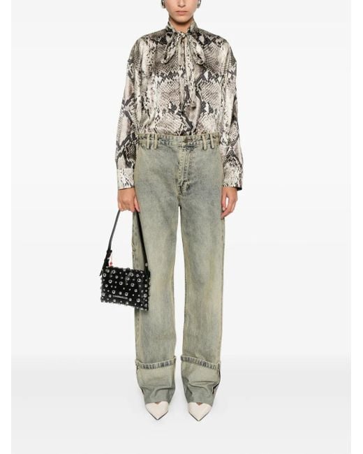 Roberto Cavalli Natural Snakeskin-Print Tie-Neck Blouse