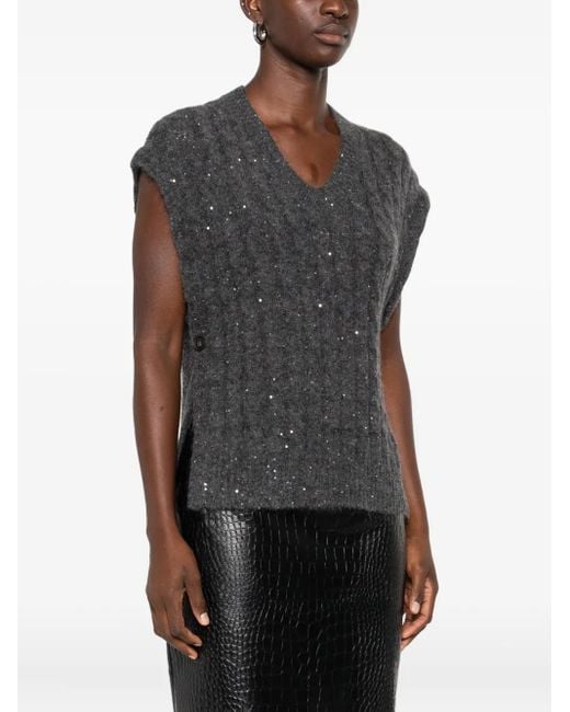 Brunello Cucinelli Black Sequin-Embellished Sleeveless Top