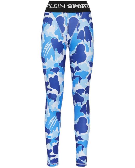 Philipp Plein Blue Camouflage-print Logo-waistband leggings