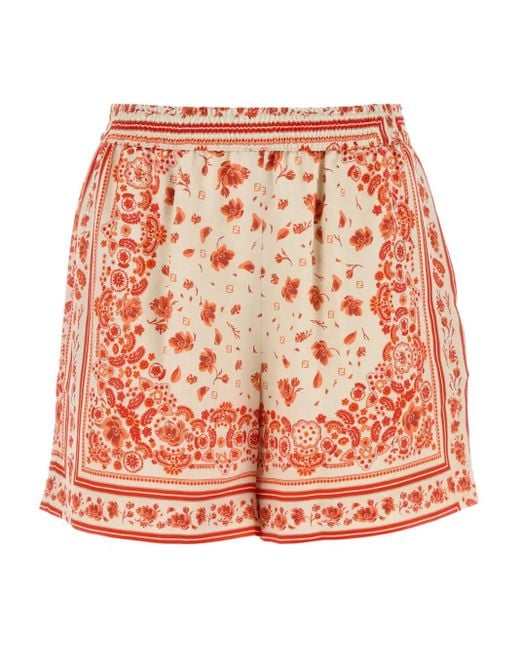 Fendi Orange Floral-Print Silk Shorts