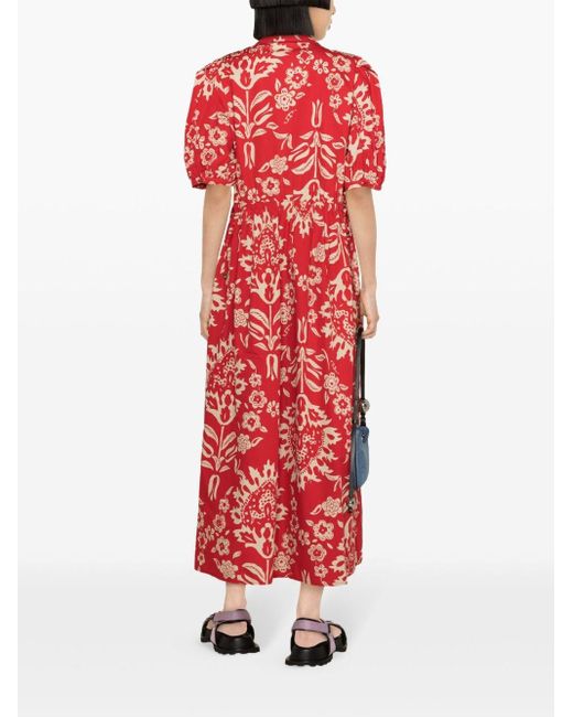 Liu Jo Red Cotton Midi Dress With Floral Print